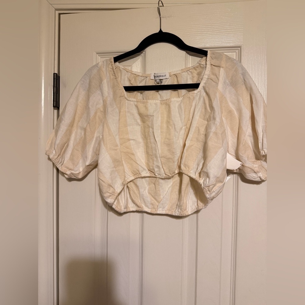 WeWoreWhat Beige Striped Puff Sleeve Crop Top